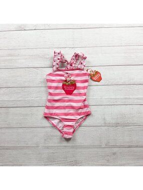 Strawberry Shortcake Girls Pink Striped Swimsuit Ruffled Straps NWT 4-5